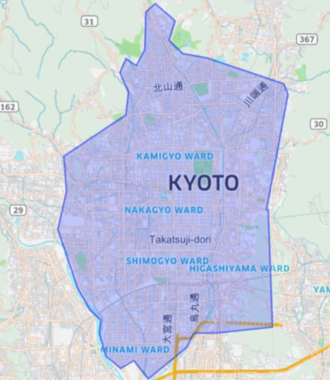 Uber Eatsの京都のエリアマップ