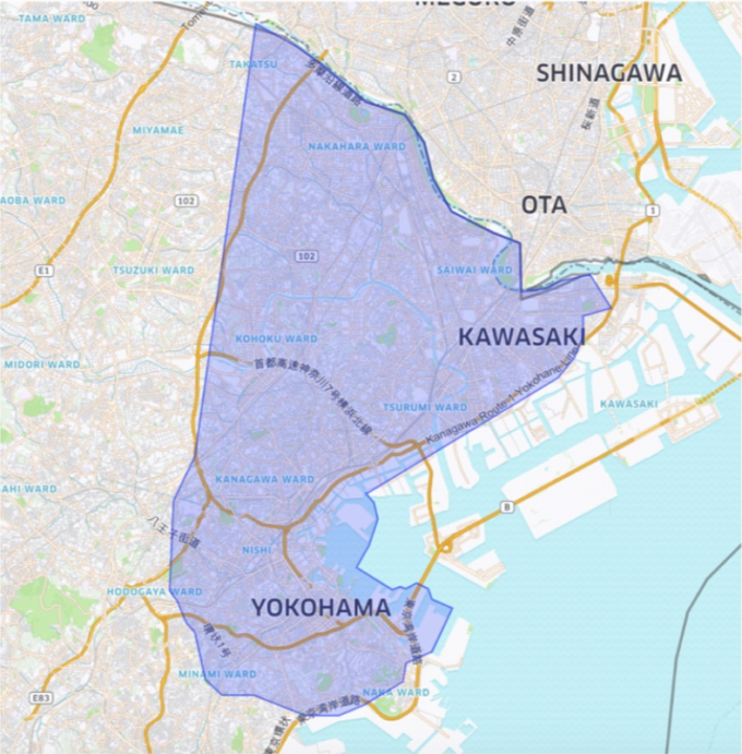 Uber Eatsの横浜のエリアマップ